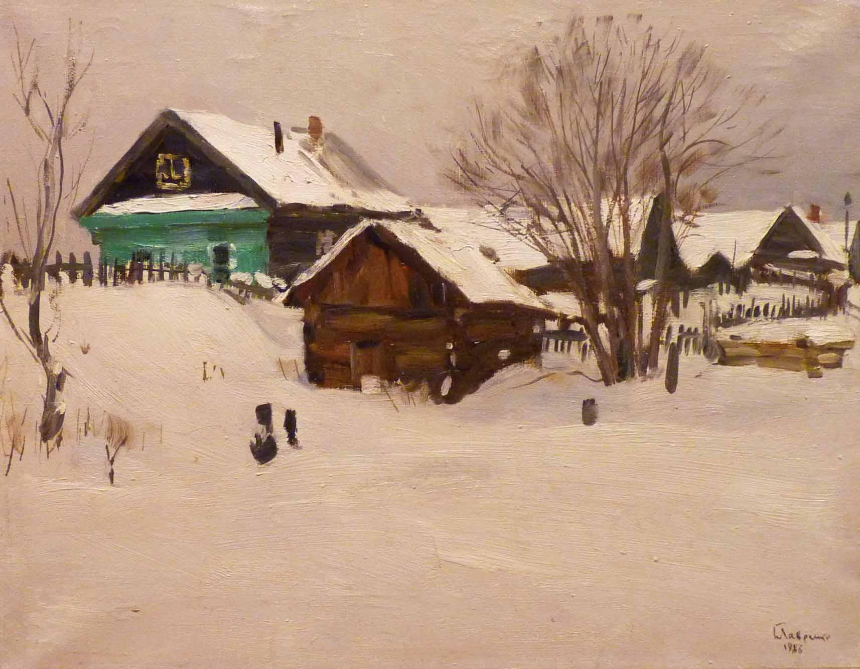 Lavrenko, pittura russa, scuola San Pietroburgo, neve, villaggio