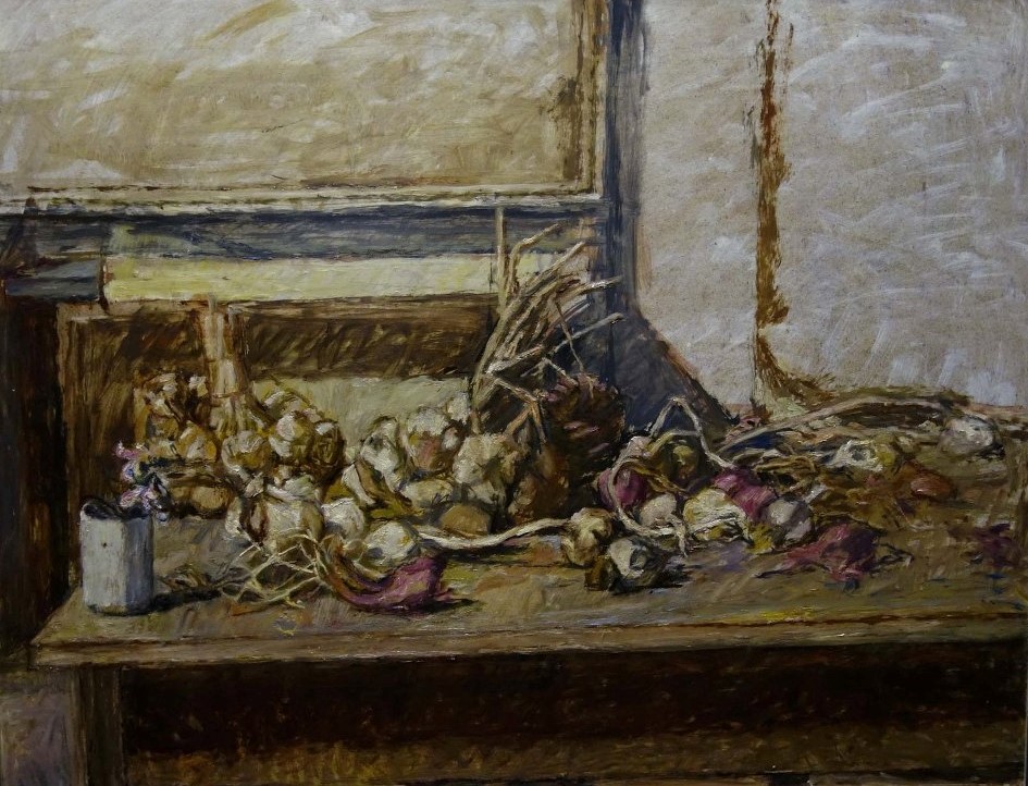 Enzo Faraoni, Italian painting, still life, garlic