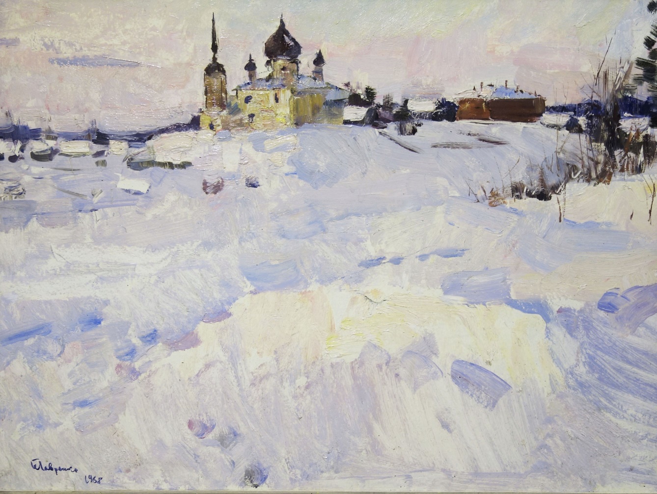 Lavrenko, pittura russa, neve, monastero, paesaggio