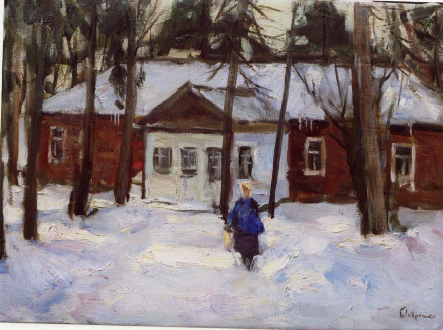 Lavrenko, pittura russa, neve, casa, paesaggio