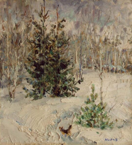 Moroz, pittura russa, bosco, abeti, neve, cane