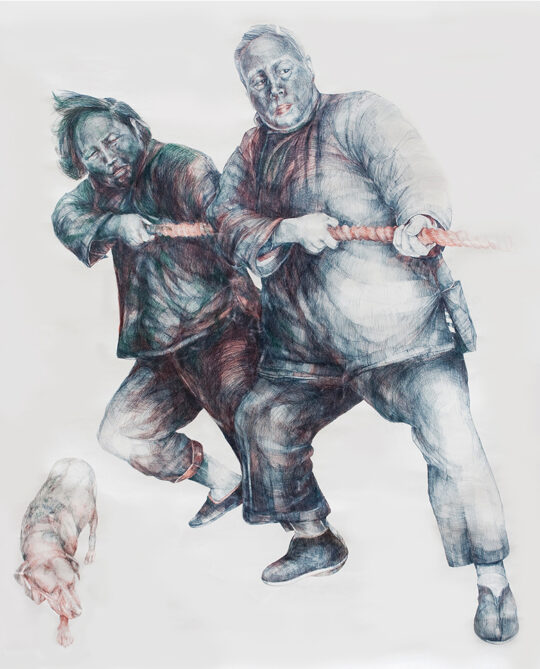 Pescio, arte italiana, pittura, disegno, penna Bic, Cina, Biennale Venezia, tiro fune