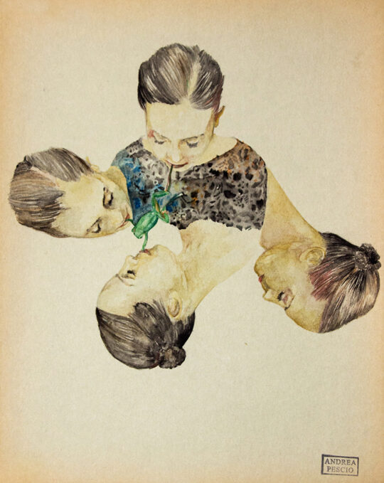 Pescio, contemporary Italian painting, watercolor, woman, frog