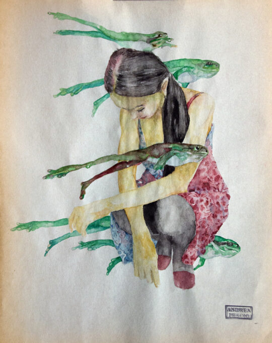 Pescio, pittura italiana contemporanea, acquerello, donna rane