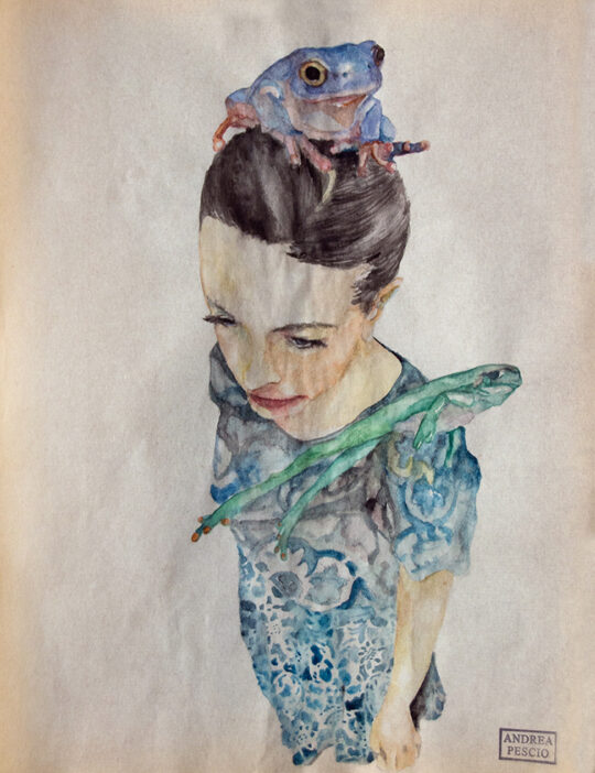 Pescio, pittura italiana contemporanea, acquerello, donna, rana