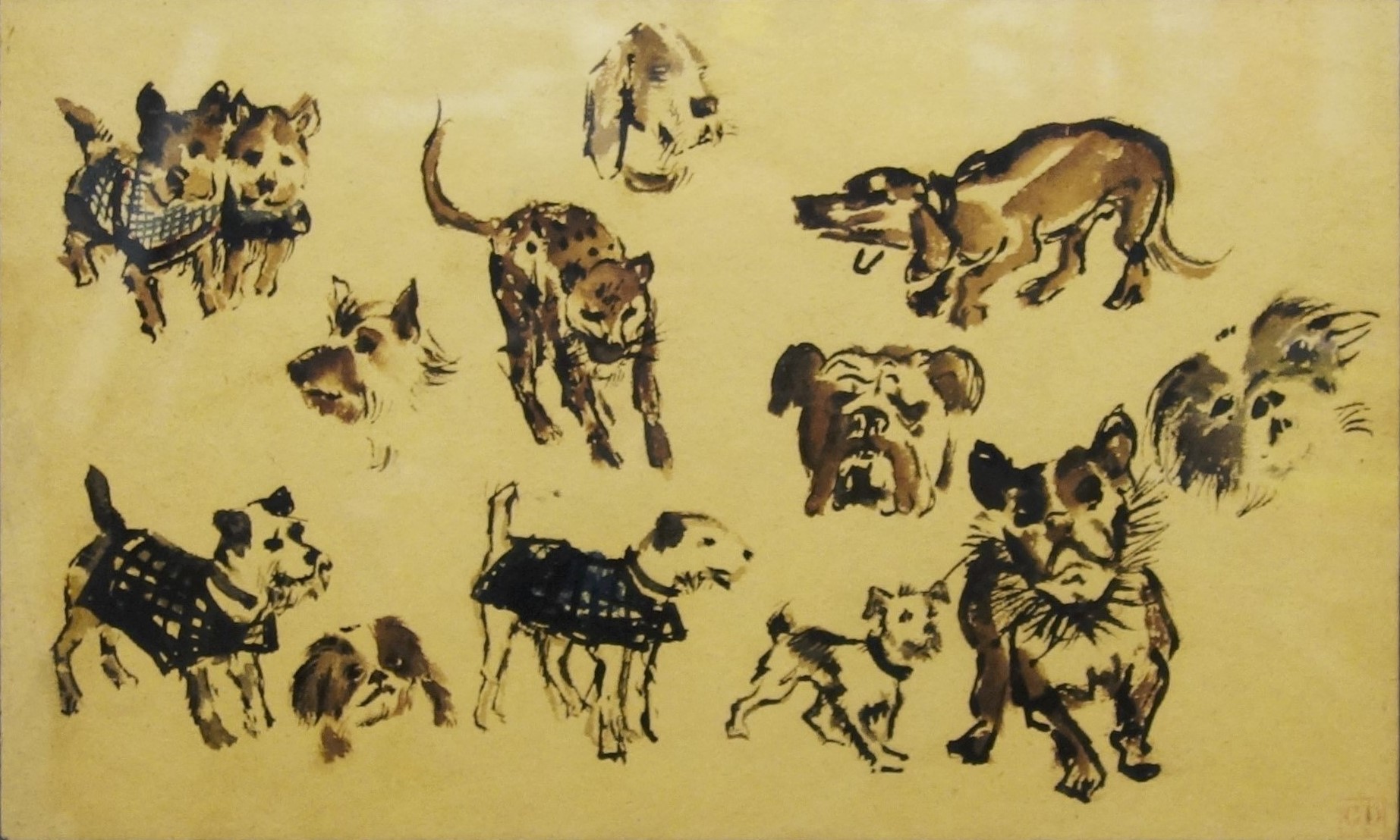 Da Milano, Italian painting, dogs, watercolor