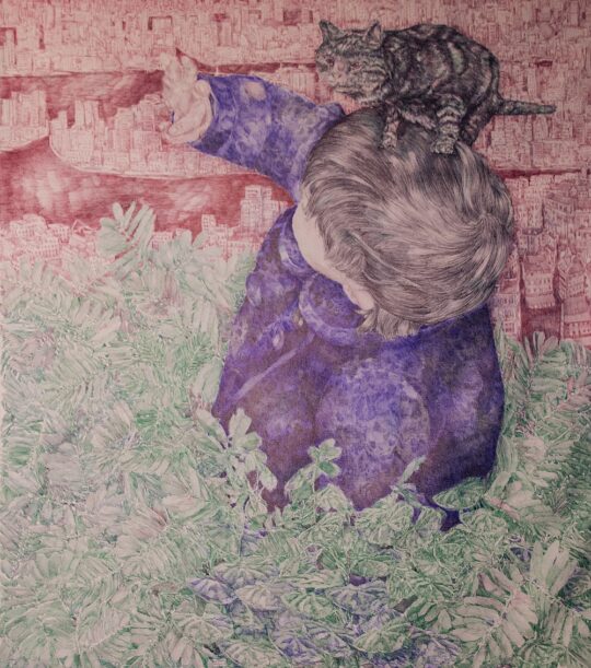 Pescio, contemporary italian painting, ballpoint pen Bic, cat, boy