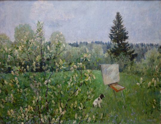 Moroz, pittura russa, post impressionismo russo, Impressionismo sovietico, paesaggio, cane, cavalletto