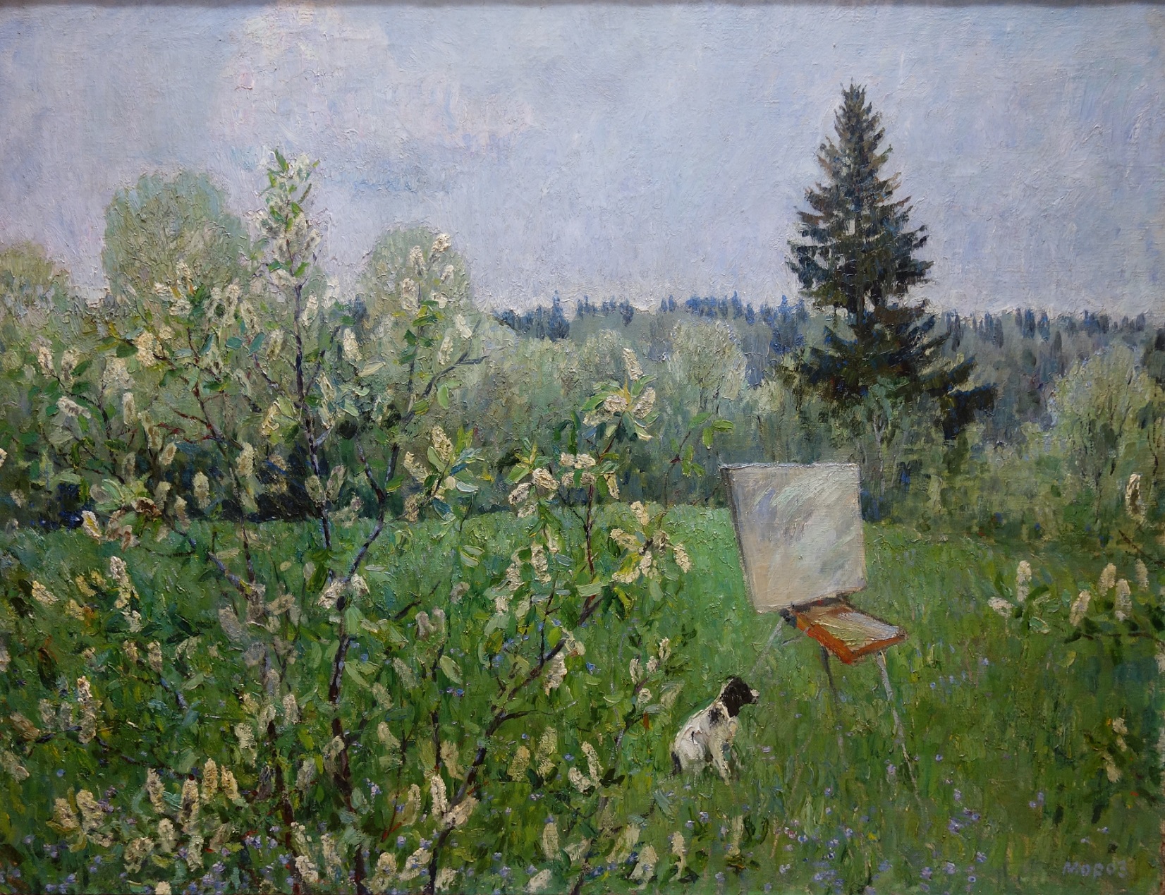 Moroz, pittura russa, post impressionismo russo, Impressionismo sovietico, paesaggio, cane, cavalletto