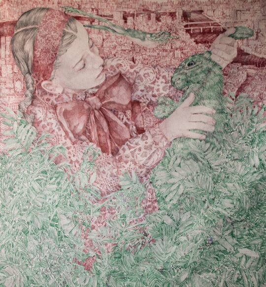 Pescio, pittura italiana contemporanea, penna Bic, coniglio, bambina