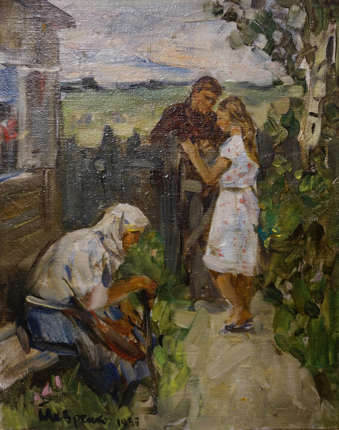 Lavrenko, Russian painting, Soviet Impressionism, post impressionism, garden, people, meeting